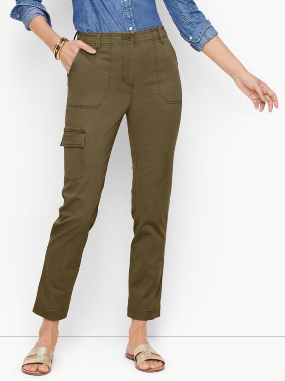 Talbots Slim Fit Cargo Pants with Elastic Waistband in Olive Green